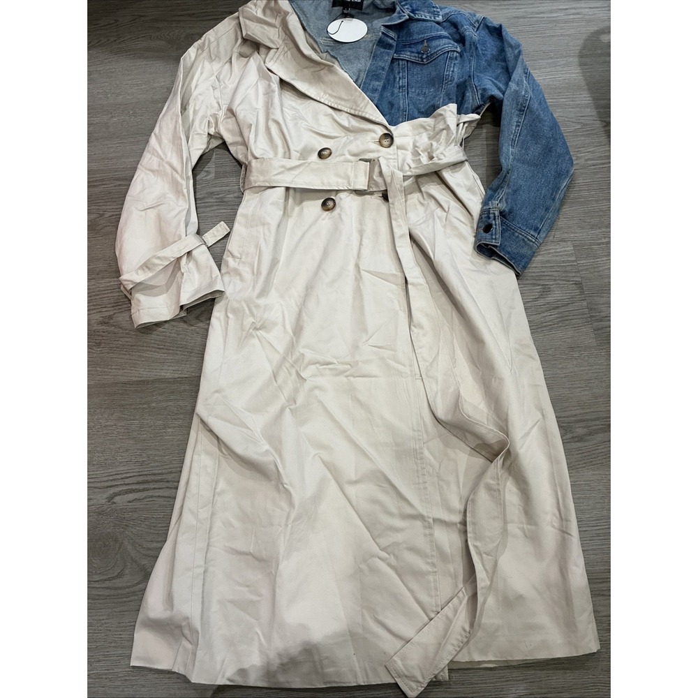 NWT REHAB LAB MIXED MEDIA TRENCH COAT, TAN, SIZE LARGE